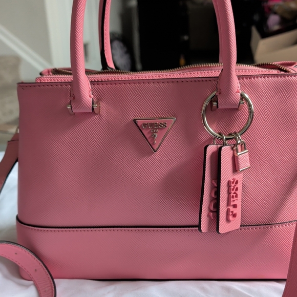Guess Handbags - GUESS Pink Saffiano Satchel with Branded Charm